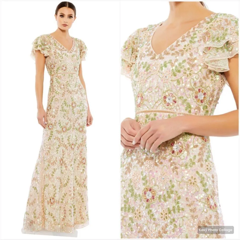 Mac Duggal 10772 Womens Embellished Ruffle Cap Sleeve  V Neck Gown - Image 4