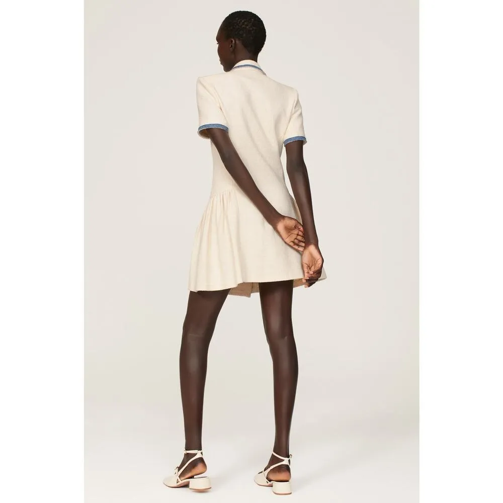 SANDRO Off White Tweed Blue Trim A-Line Double Breasted Seville Dress Size 36 - Image 2