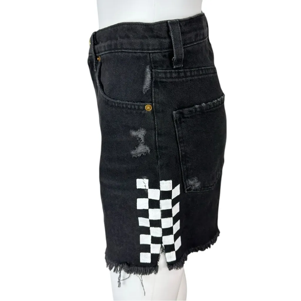 Aviator Nation NWT Black Hi Rise Skater Cut Off Side White Check Shorts Size 25 - Image 4
