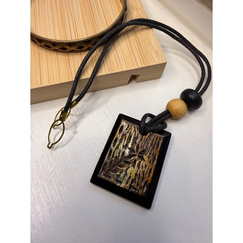 Vintage Brass Bangle & Black Cord Necklace With Textured Pendant And Wooden Bead - Image 3