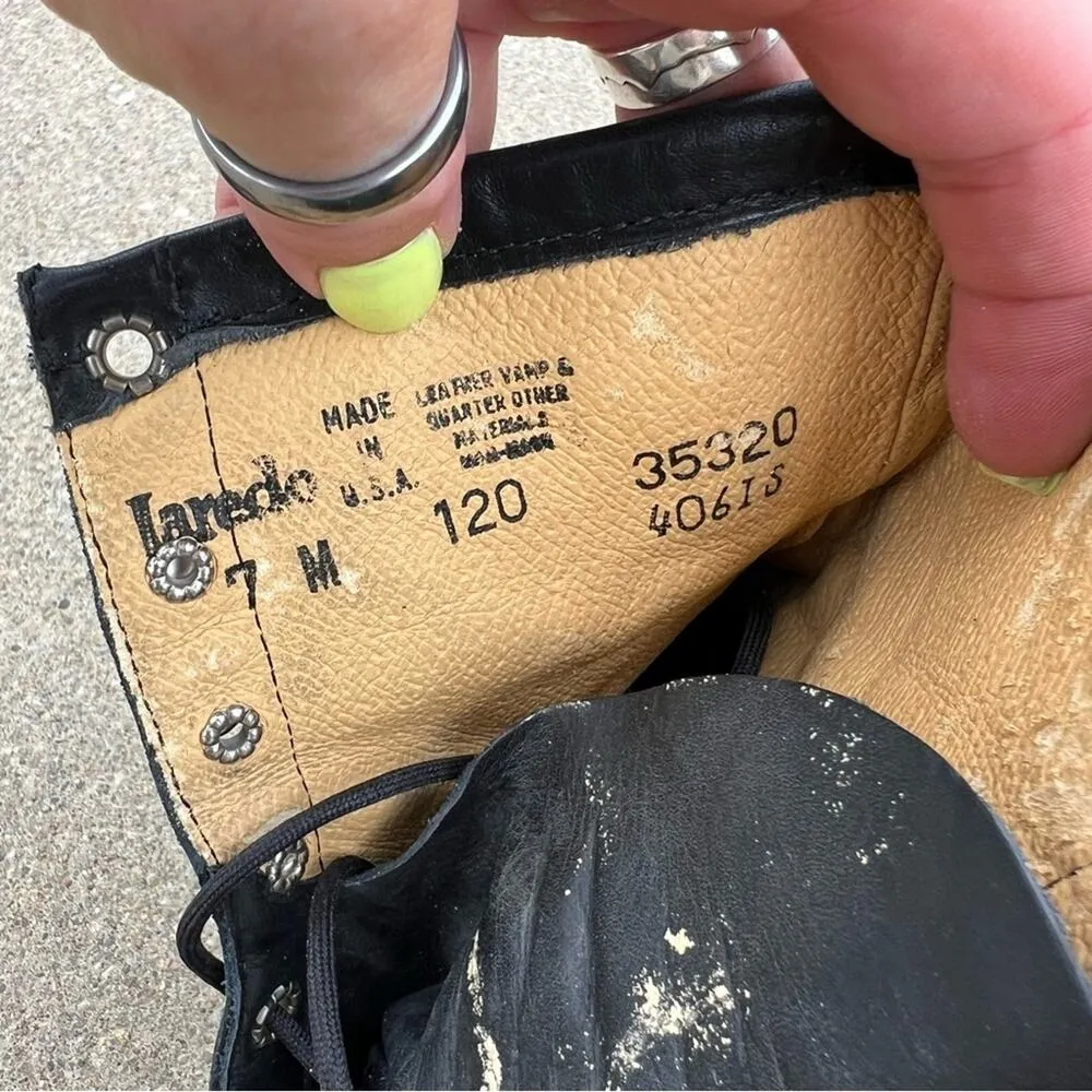 Vintage 80s 90s Laredo Black Roper Lace Up Cowgirl Western Boots Kilte Fringe 7M - Image 6