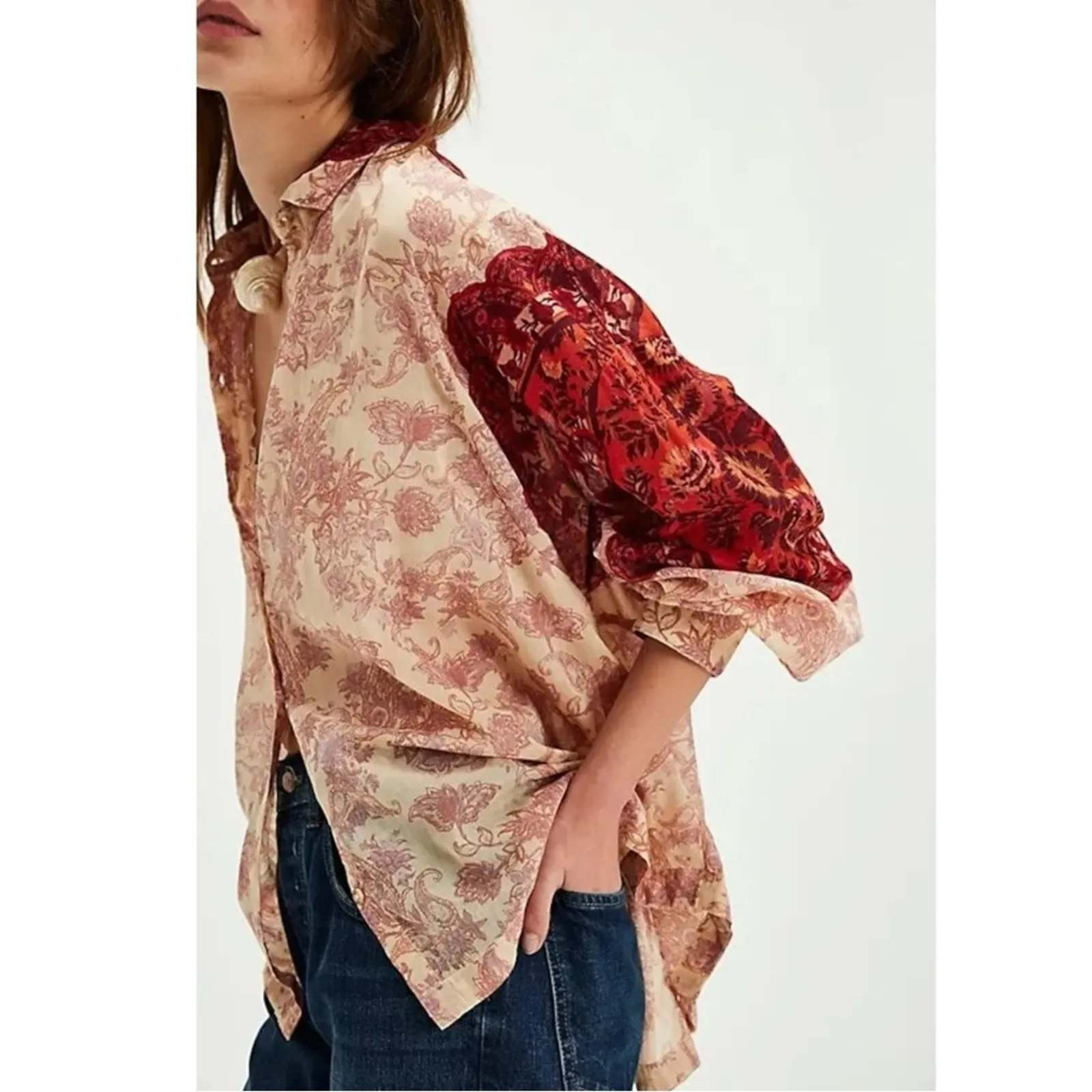 Free People Western Bohemian Dainty Rose Bud Button Down Blouse Shirt Large - Image 7