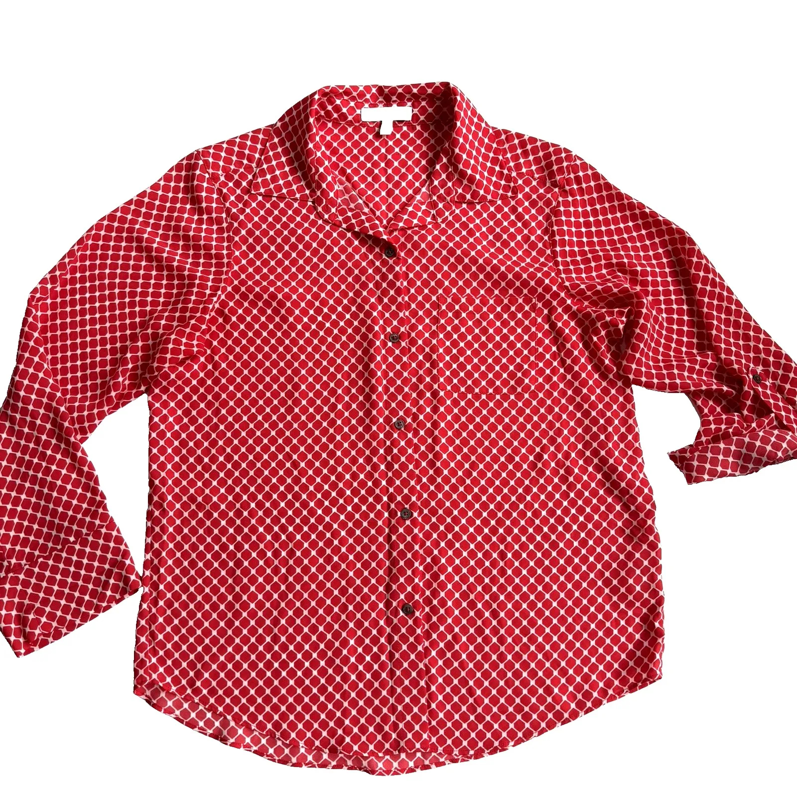 Chaus Oxford Top Women M 8 10 Red White Geometric Print Roll Tab Sleeves Work - Image 1