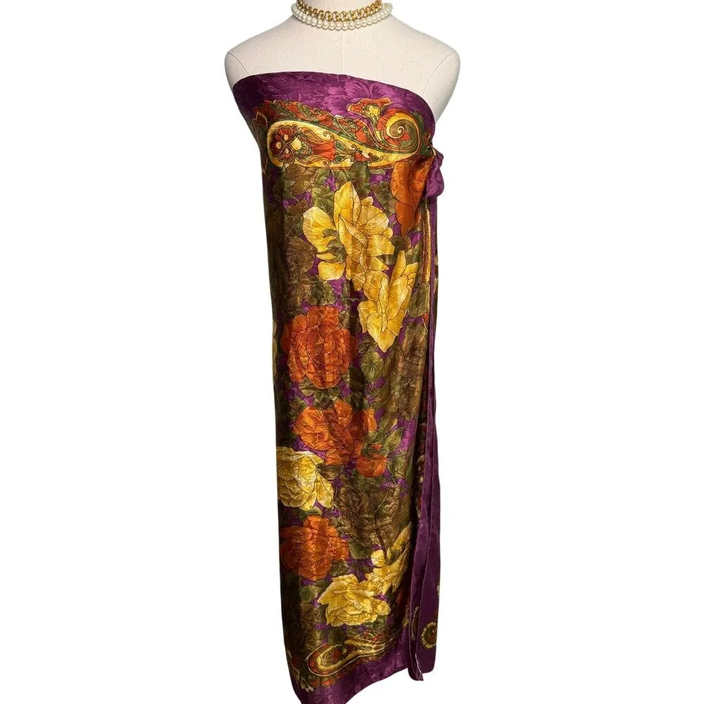 Vintage Worthington XL Italian jacquard satin paisley floral scarf wrap 46” sq Purple - Image 4