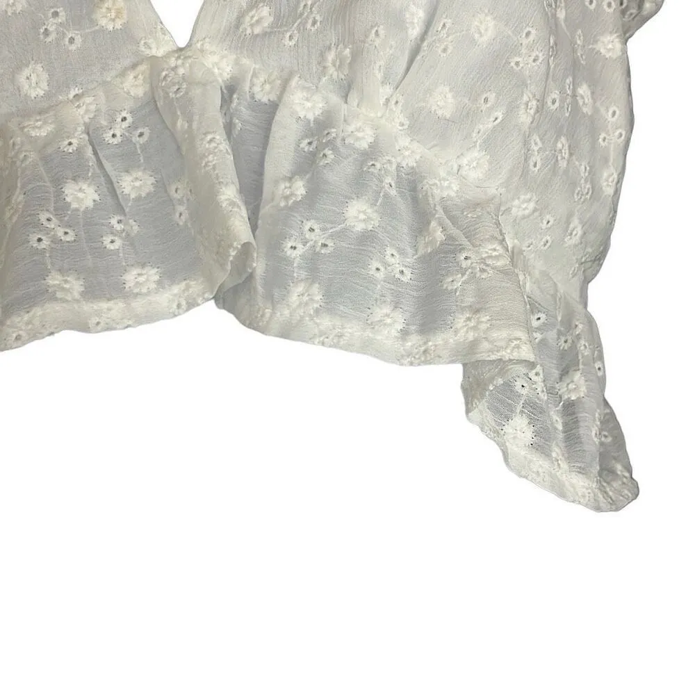 Idem Ditto White Eyelet Floral Crop Top Small Peplum Ruffle Sleeve Plunge Neck - Image 4