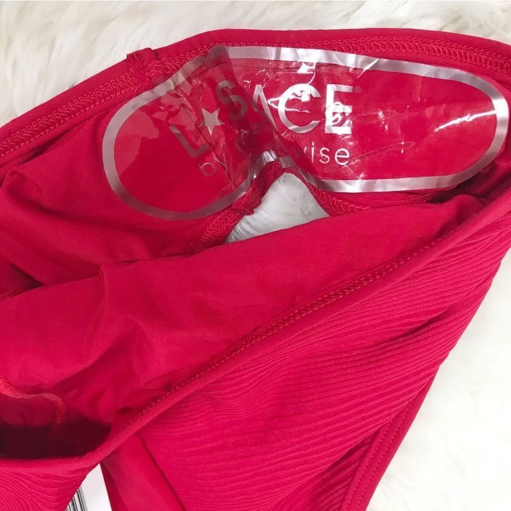 L*SPACE Frenchi‎ Bottom Bitsy Cut High Waist Bikini Pointelle Rib Red Large New - Image 10