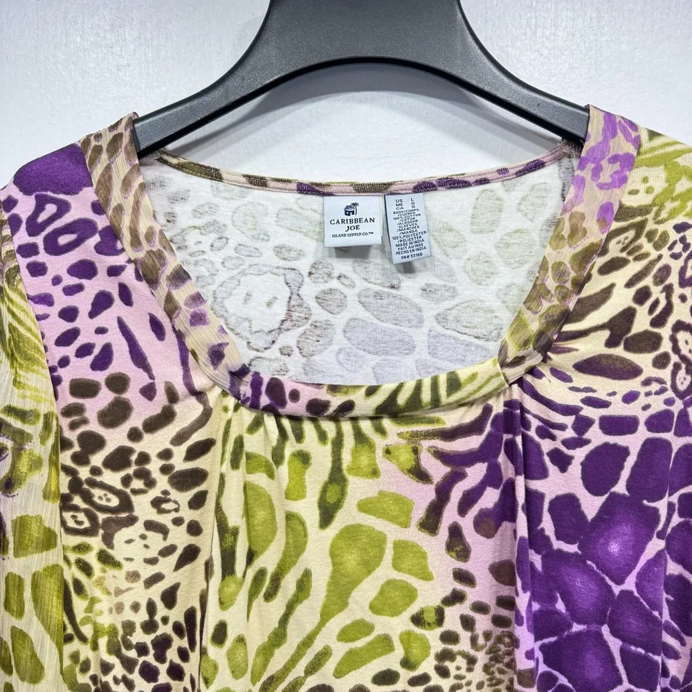 Caribbean Joe Mixed Animal Print Cotton Knit Top Sheer Bell Cuff 3/4 Sleeves - Image 5