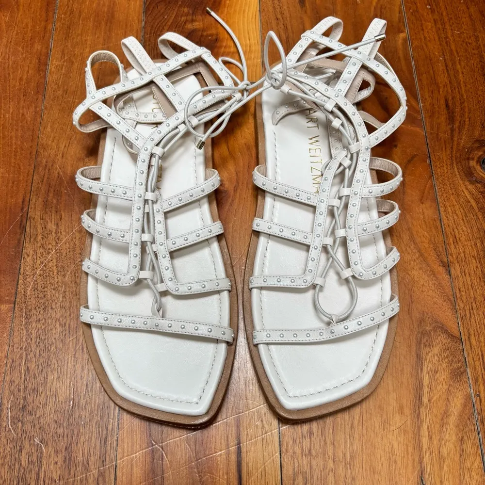 Stuart Weitzman Kora Lace Up Pearly Stud Gladiator Square Toe Sandals White 9.5 - Image 4