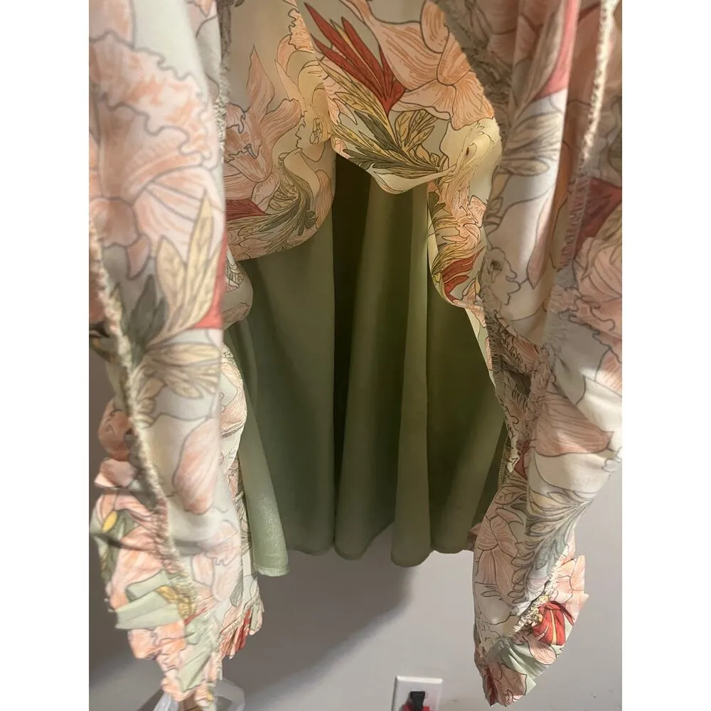 THML Halter Flower Print Midi Dress in Sage Green Lined Tiered Ruffles Women's M - Image 7