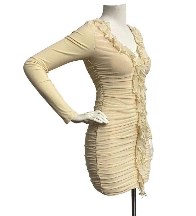 Oh Polly Yara Ruffle Mini Dress Beige Fitted Long Sleeve Women's Size 6 Clubwear - Image 3