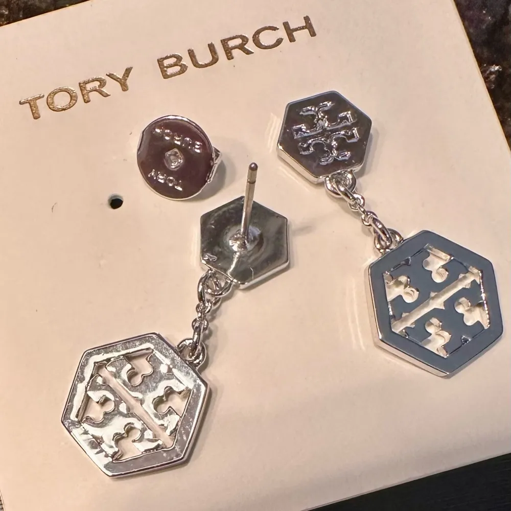 New Authentic Tory Burch Hexagon Logo Drop Earrings; Silver. Comes on TB Card - Image 4