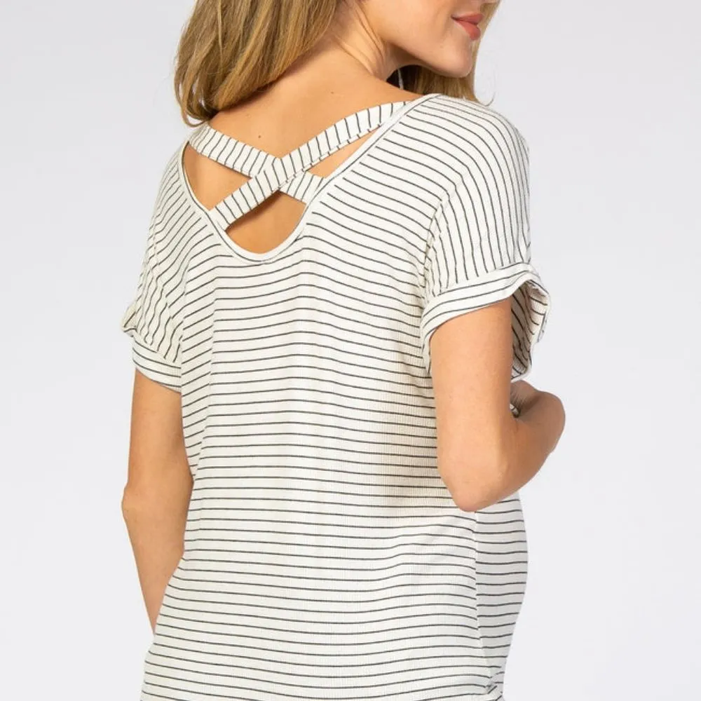 **NWT** White Striped Ribbed Crisscross Back Maternity Top - - Image 4