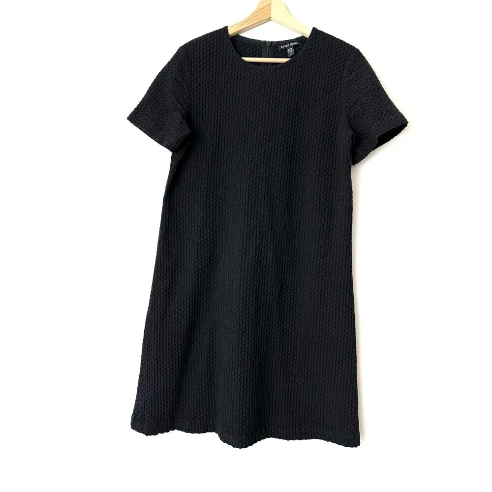 Eileen Fisher Tencel & Organic Cotton Honeycomb Shift Short Dress Black S/P - Image 4