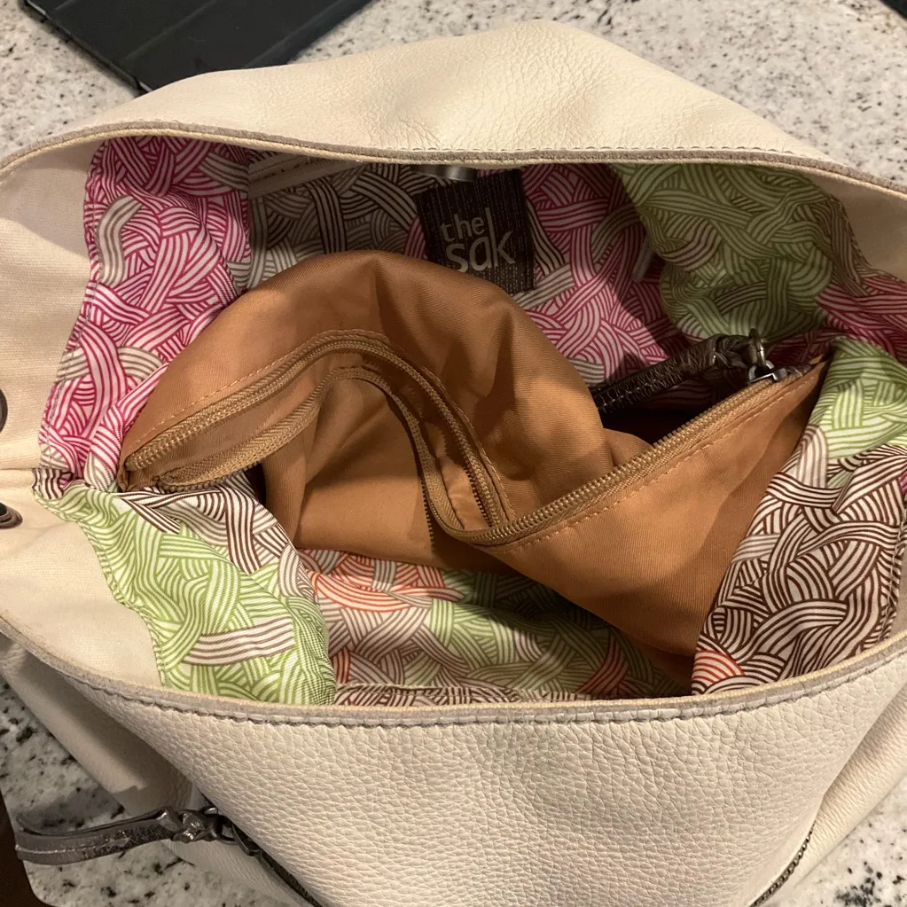 The Sak Cream & Taupe Leather Hobo Shoulder Bag Braided Strap Boho - Image 11