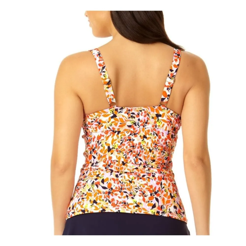 Anne Cole Retro Twist Front Underwire Tankini Swim Top Floral Orange 32C/34B - Image 2