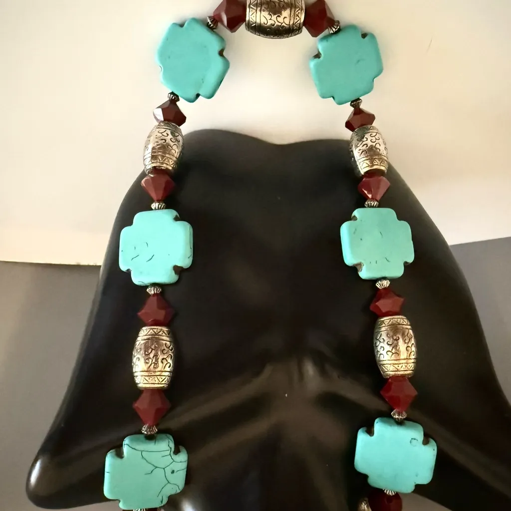Vintage Turquoise Howlite Silver Cross Necklace Garnet Colored Accents Blue - Image 3