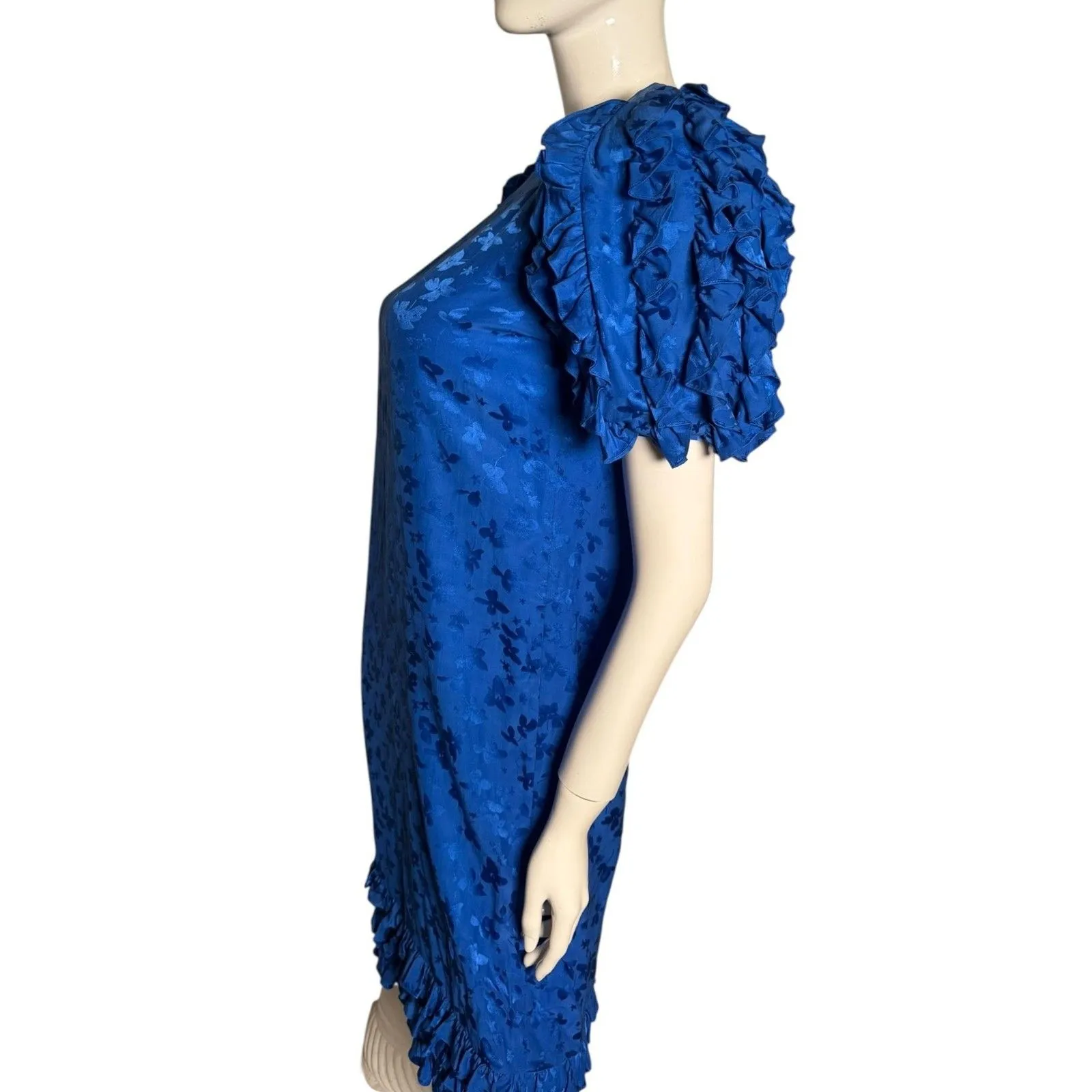 Vintage 80s Maggy London Dress 8 Blue Silk Floral Puff Sleeve Ruffle‎ cocktail - Image 2