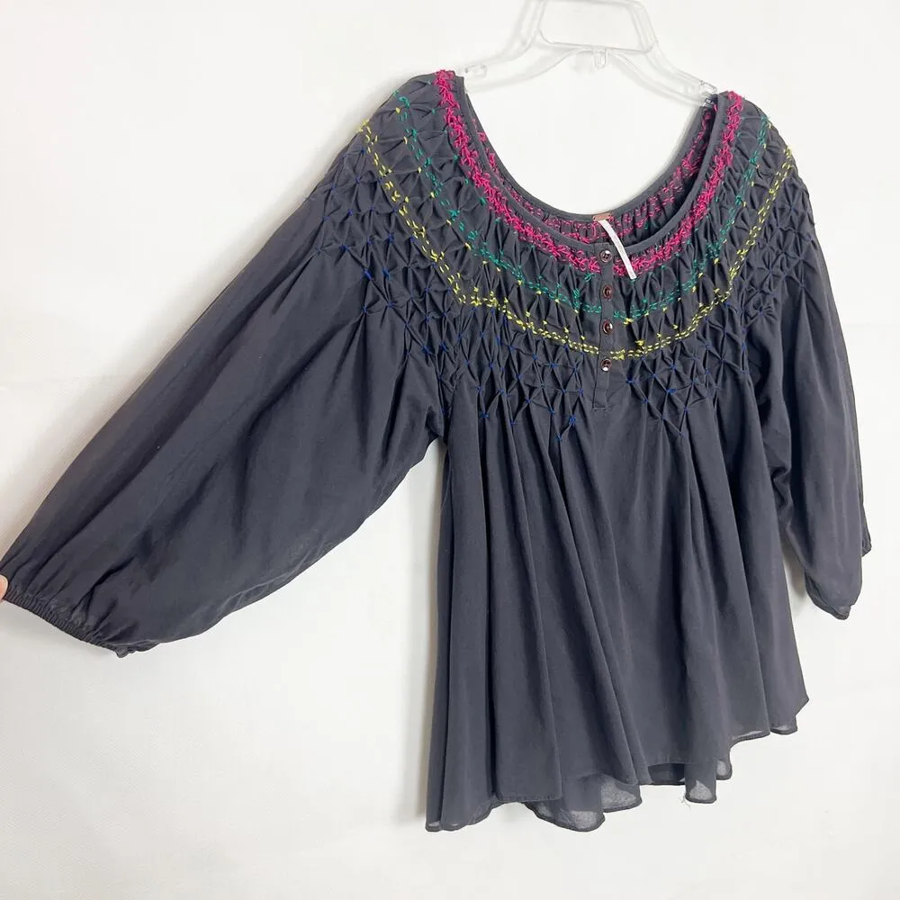 Free People Puff Sleeve Embroidered Oversized Bohemian Chic Flowy Womens Top XS - Image 6