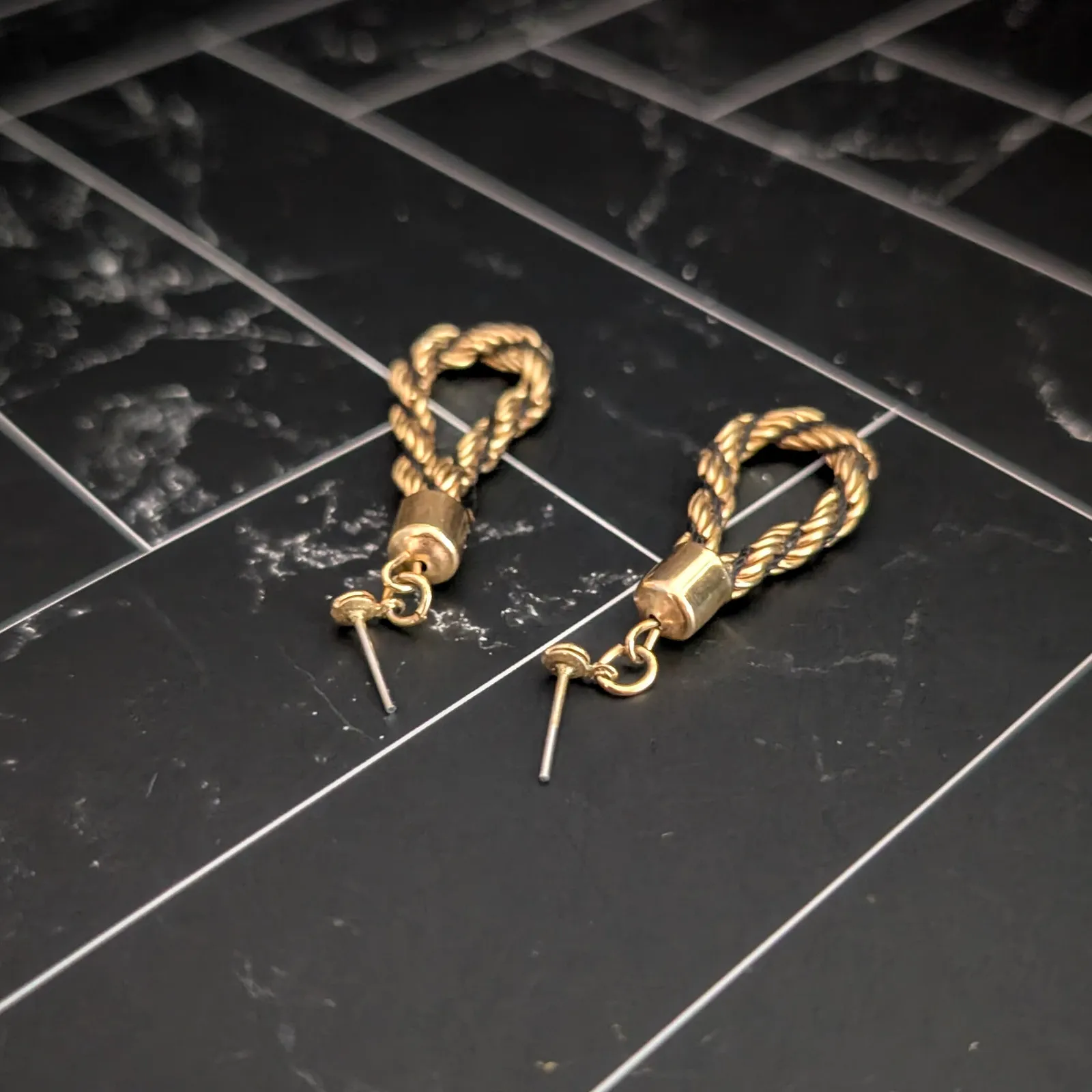 Vintage Stud Earrings Woven Gold Tone & Black Rope Twist Dangle - Image 3