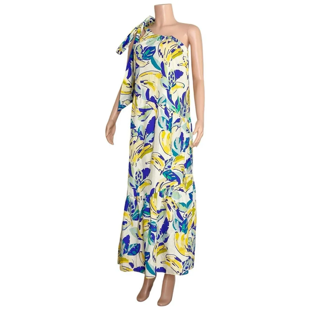 ANTHROPOLOGIE One Shoulder Bow Banana Print Maxi Dress, Yellow, Small - Image 7