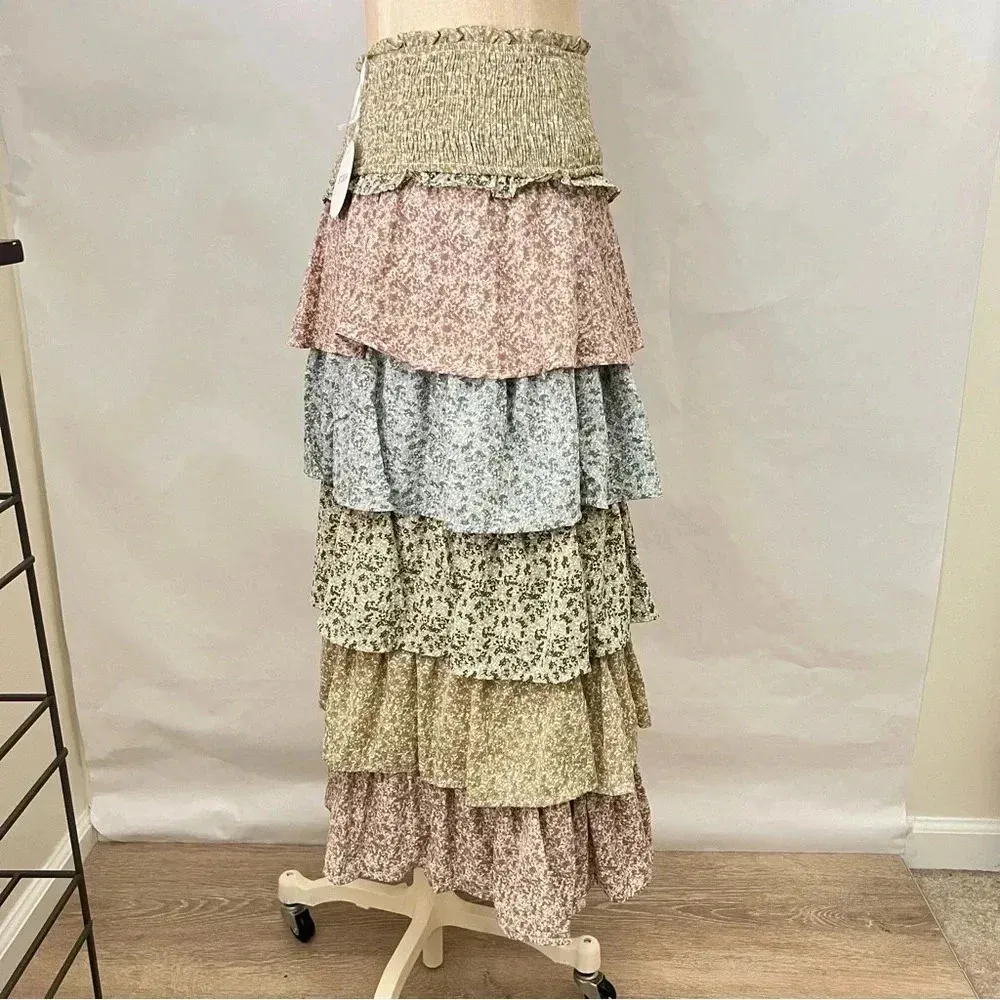 Storia Color Block Tiered Maxi Skirt Floral Smocked Waist Olive Multi Lined - Image 5