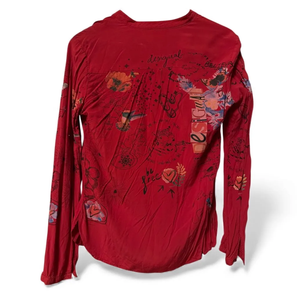 Desigual Tunic Lisa red graffiti blouse words size 4 - Image 3
