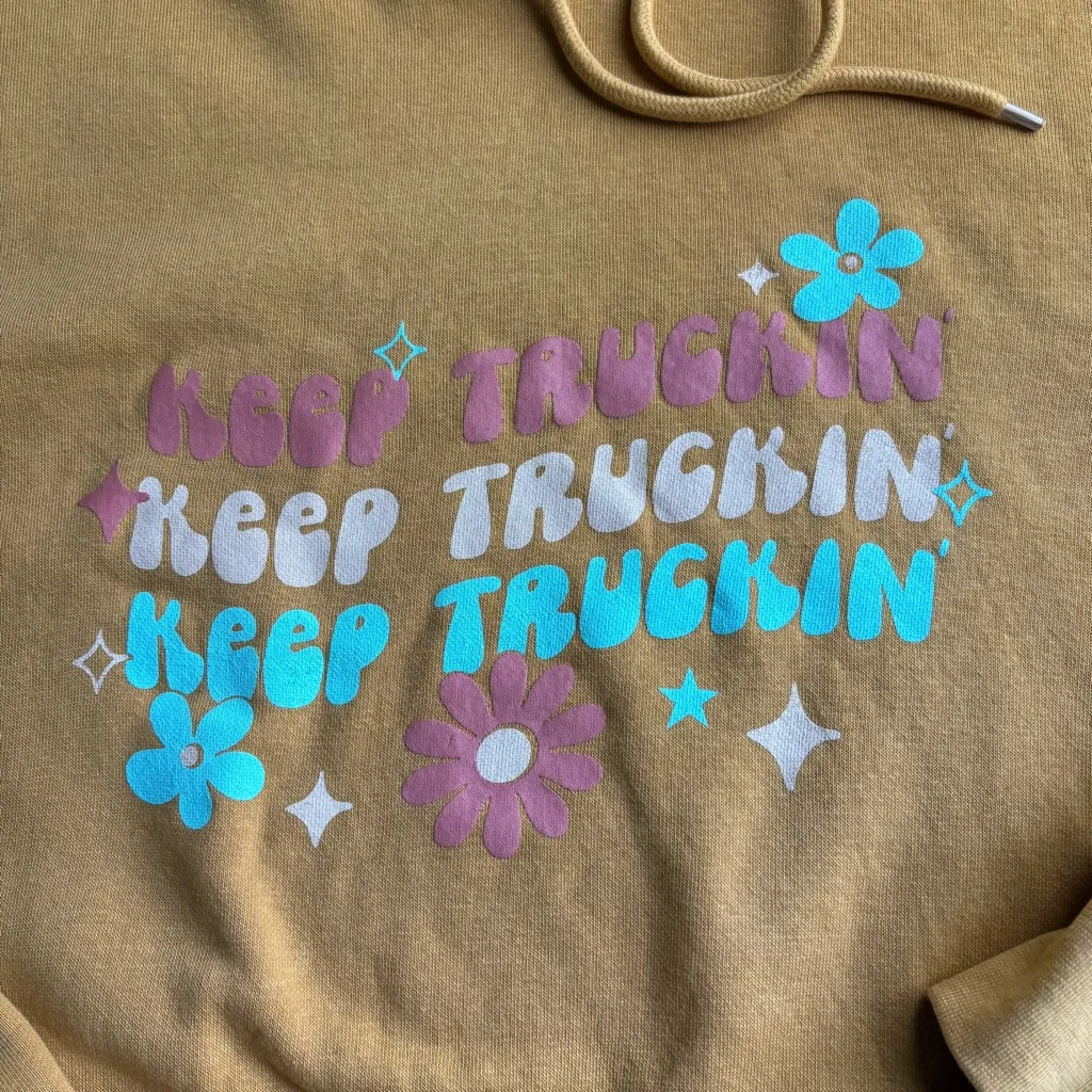 Mustard Yellow “Keep Truckin’” Graphic Hoodie Size XL - Image 3