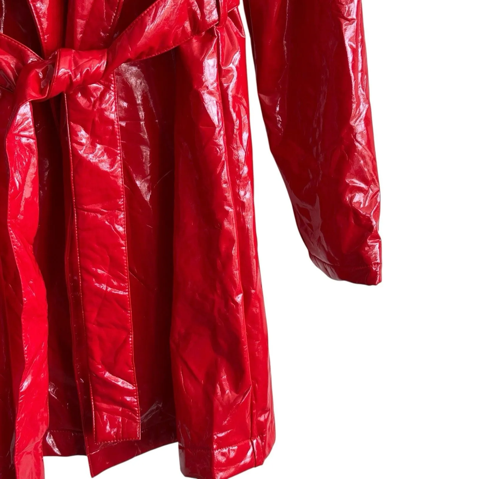 NWT Dolls Kill Flame Viral Vengeance red vinyl Belted trench coat XS Y2K - Image 6