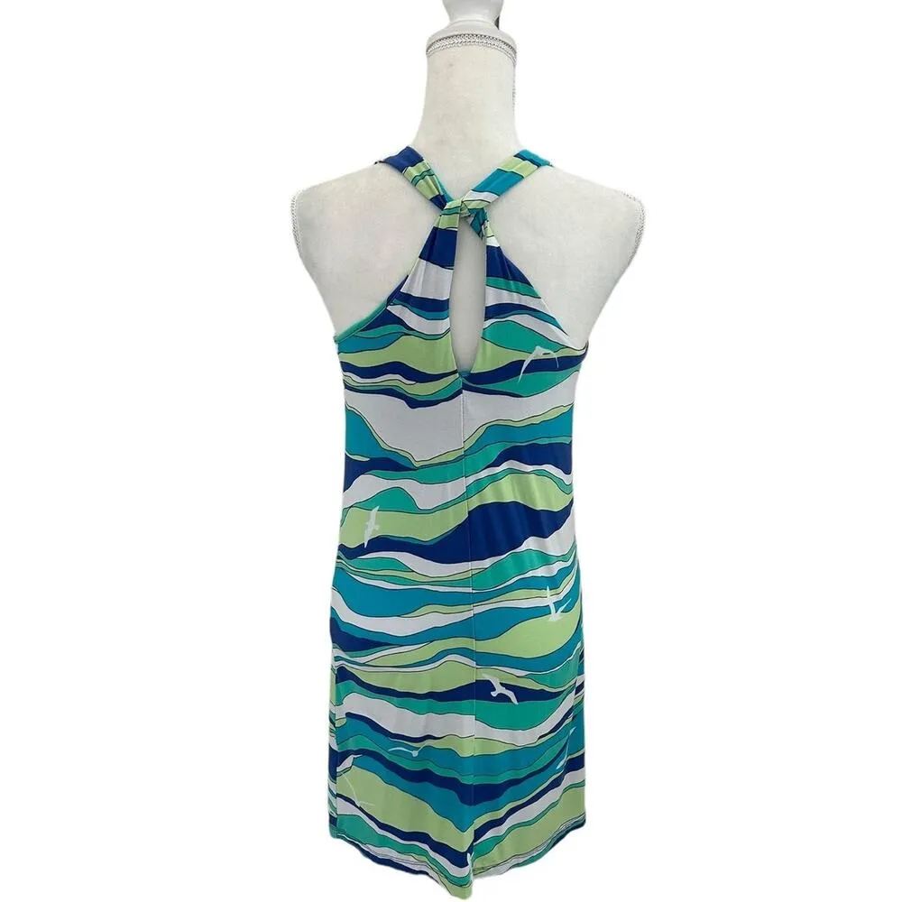 Tori Richard Honolulu Hawaii Wave Print Seagulls Blue Green Midi Dress Size XS - Image 5