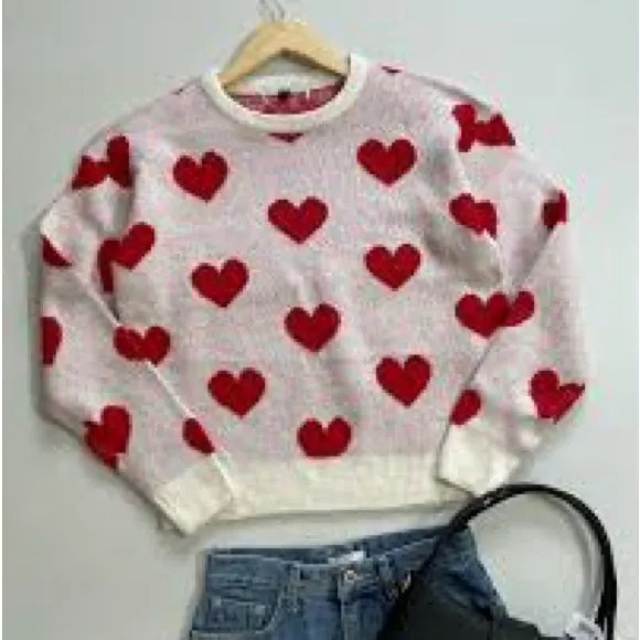 Red and White Heart Crew Neck Sweater, XL - Image 2