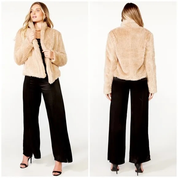 BARDOT Waterfall Faux Fur Jacket In Beige - Image 2