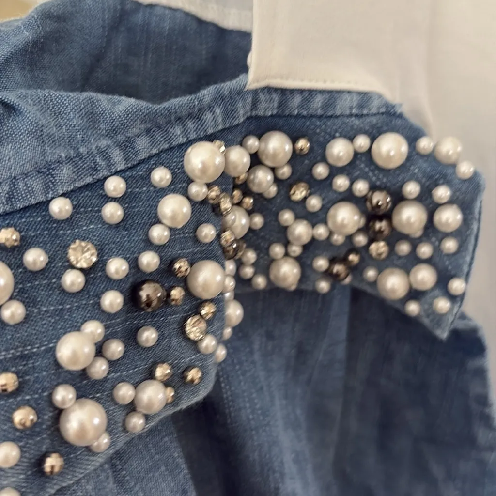 Denim and White Pearl Embellished Top Blue Size M - Image 3
