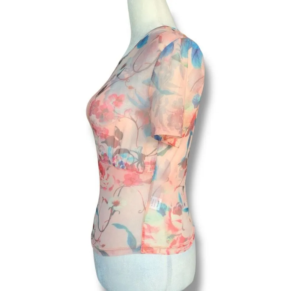 Superdown Simona Sheer Pastel Short Sleeve Top Floral Multi Size Small Y2K - Image 3