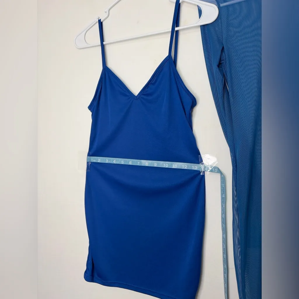 LUX LA Blue Mesh Overlay Dress Set Slip Dress Long Sleeve Size M Stretch(E17) - Image 7