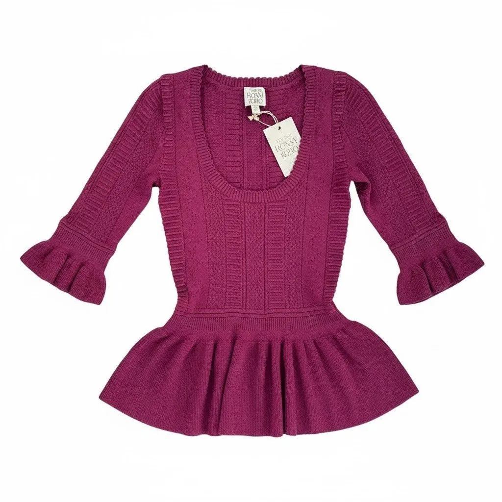 NWT Torn by Ronny Kobo KIMBERLY in Mauve Pointelle Textured Knit Peplum Top S - Image 2