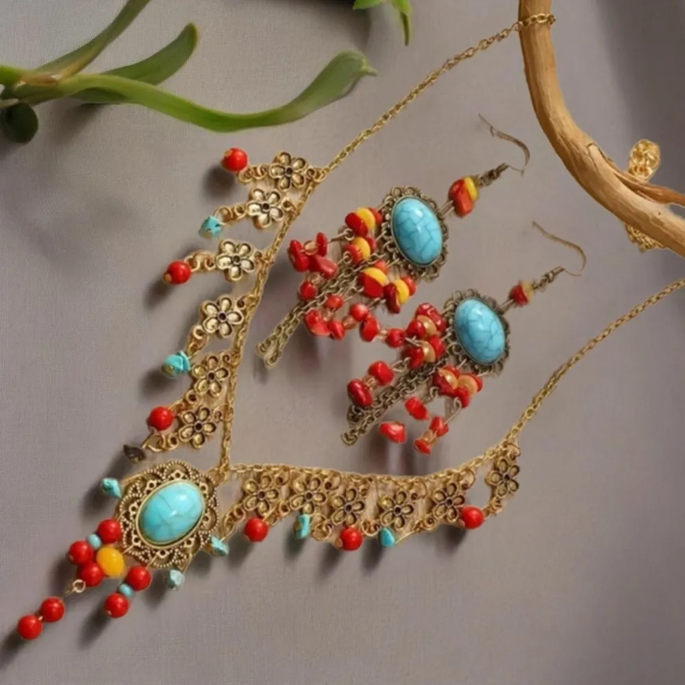 Bohemian Necklace & Earrings Set NWT Red - Image 7