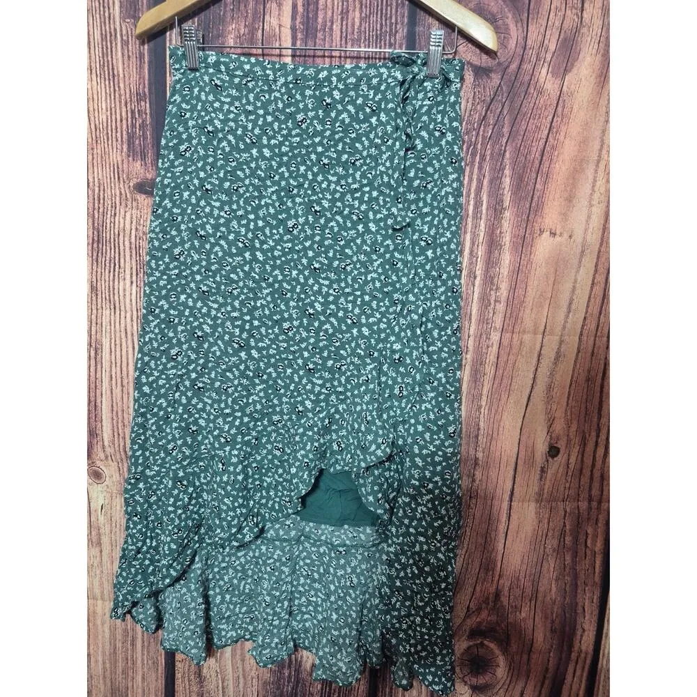 Abercrombie & Fitch Sz M Floral Green Ruffle Wrap Midi Skirt Modest Romantic - Image 2