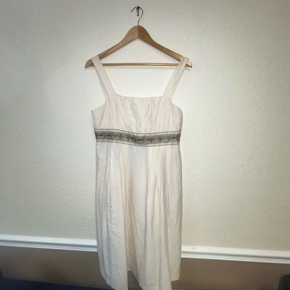 Herve Bernard Linen Blend Dress | Size 8‎ | Cream & Tan Trim | Sleeveless - Image 2