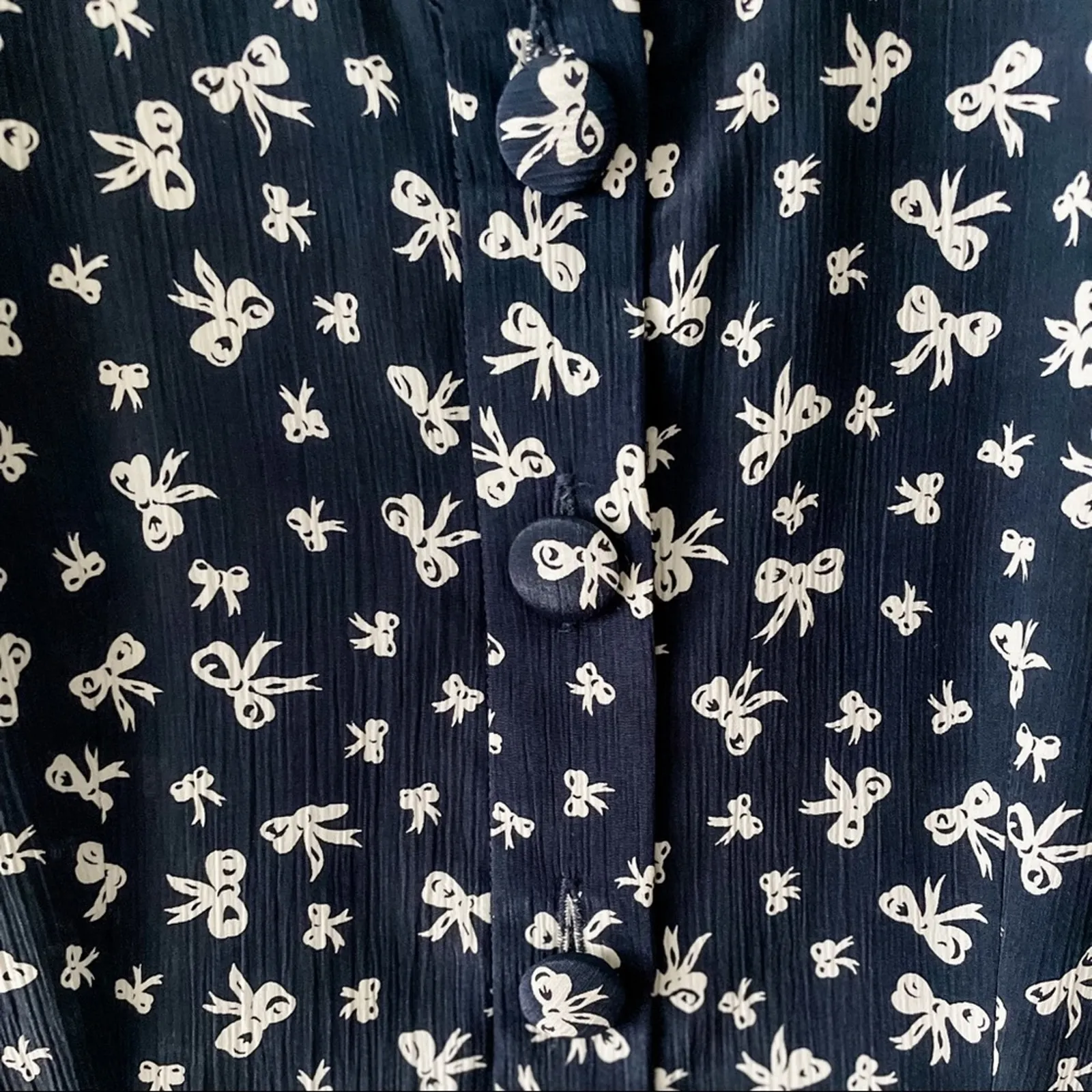 🎀 Vintage Bow Print Drop Waist Flounce Skirt Dress MCM Flapper size S petite 🎀 Blue - Image 9