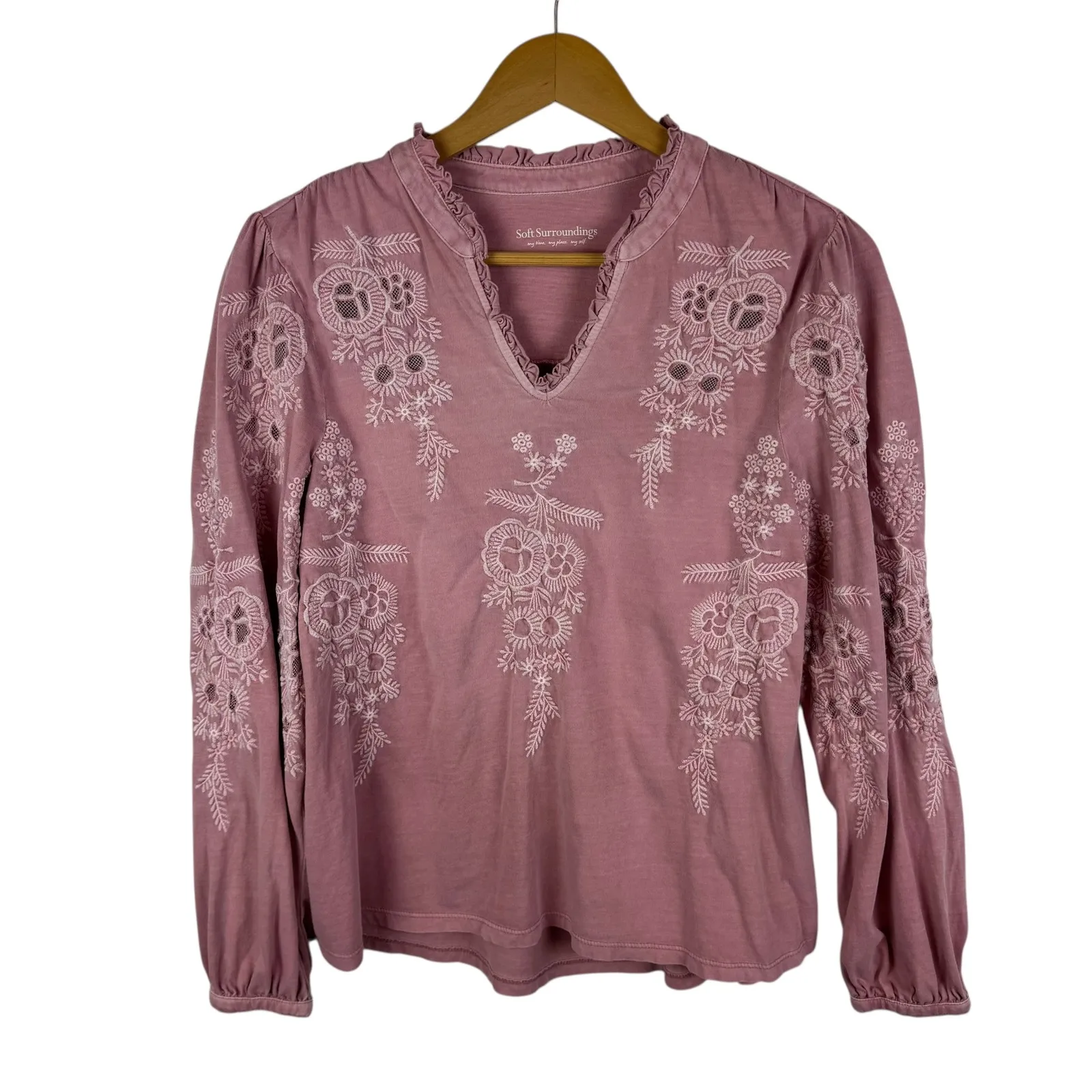 Soft Surroundings Floral Embroidered Blouse Small Pink Boho Peasant Long Sleeve - Image 2