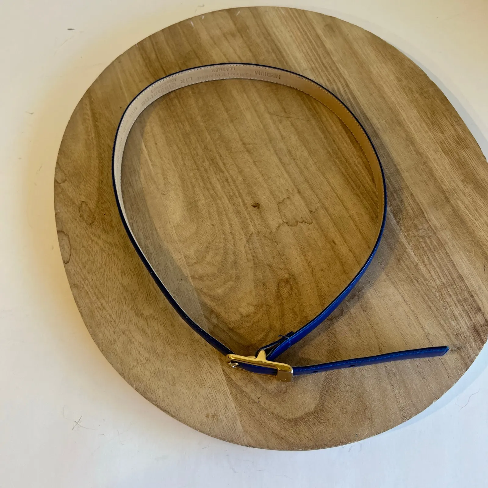 90s Liz Claiborne Blue Genuine Leather Thin Skinny Gold Buckle Belt Size XS - Image 3