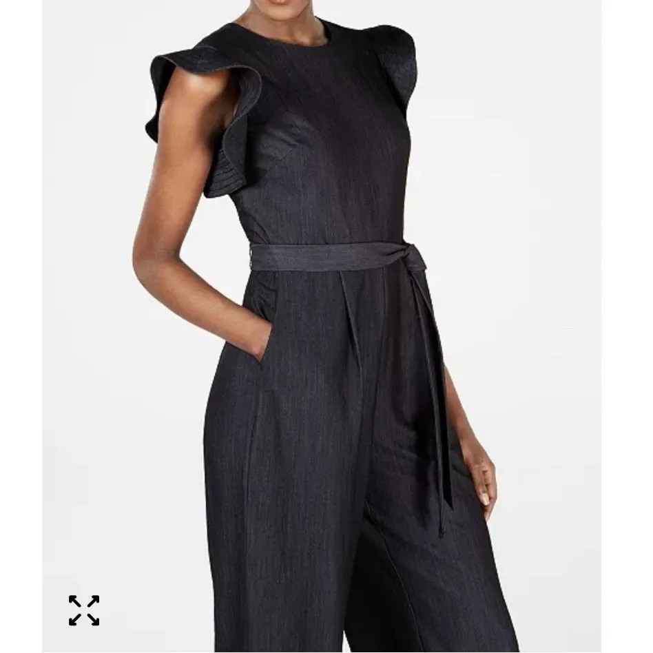 Calvin Klein Chambray Denim Ruffle Sleeve Belt‎ Wide Leg Crop Jumpsuit Pockets 6 - Image 2