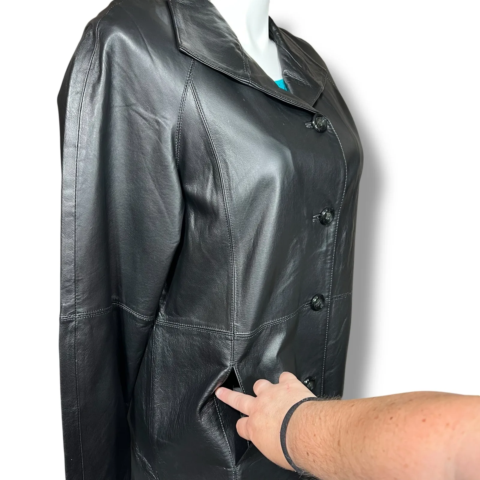 East 5th Womens Leather Jacket Long Coat Collared Button Closure Black Large - Image 6