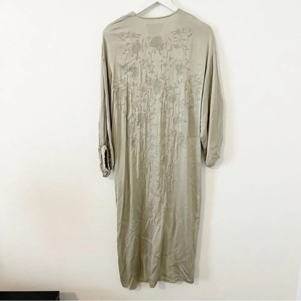 ZARA Green Embroidered Kimono Dress Button Down Front Midi Size M / L - Image 6