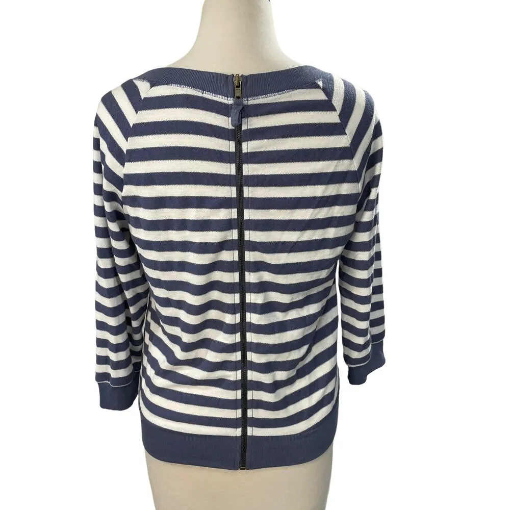 Splendid Size S Sweater Striped V Neck Exposed Zip Back Coastal Nautical Blue - Image 4