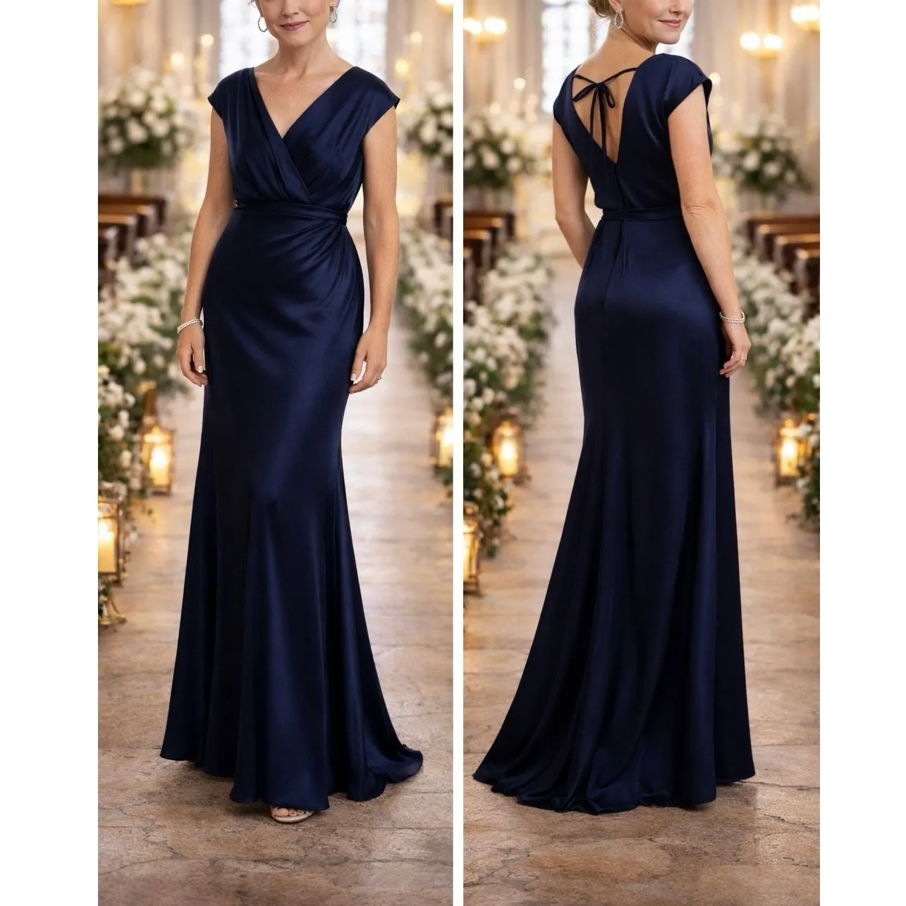 Dessy Collection 3050 Navy Cap Sleeve Faux Wrap Satin Formal Gown Sz 4 Blue - Image 2