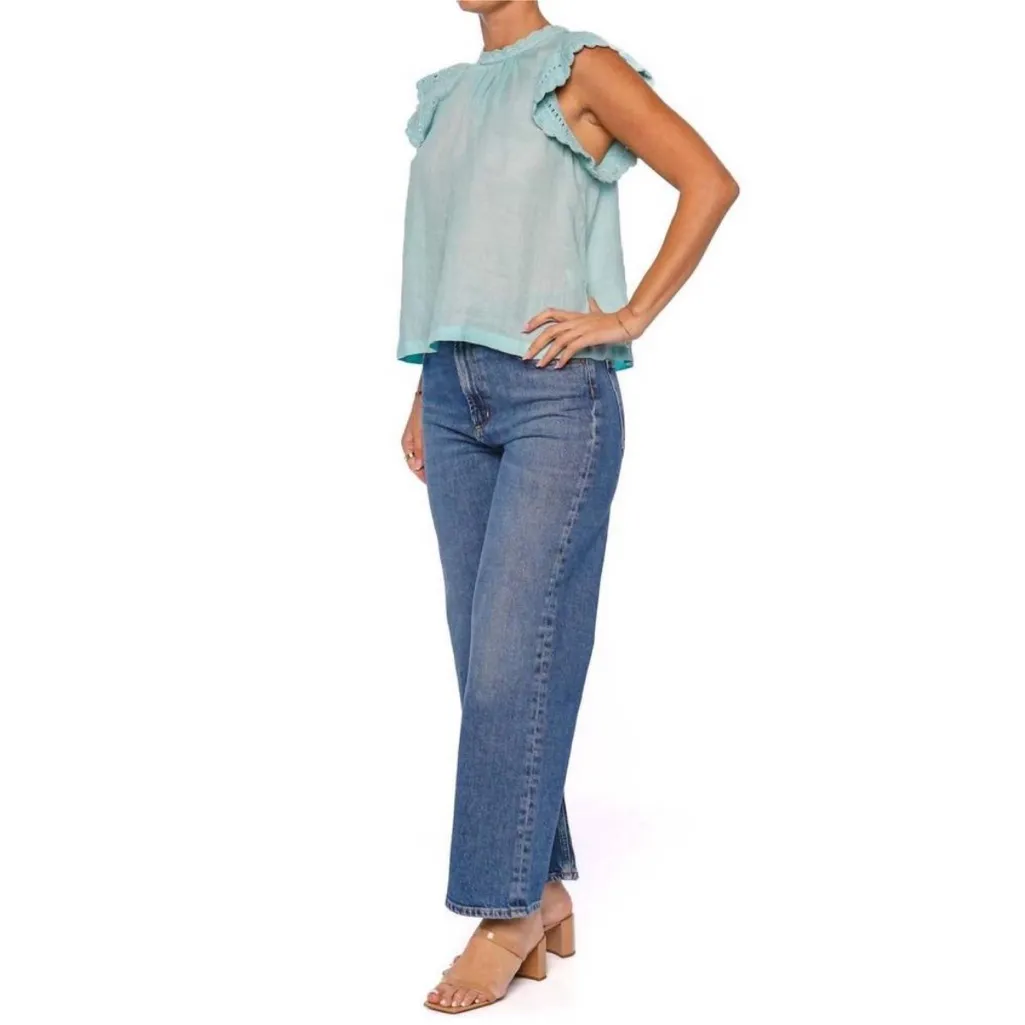 ULLA JOHNSON Kai Top Bryl Sky Blue Aqua Shirt Size 2 Cotton Crochet Flutter Slee - Image 15