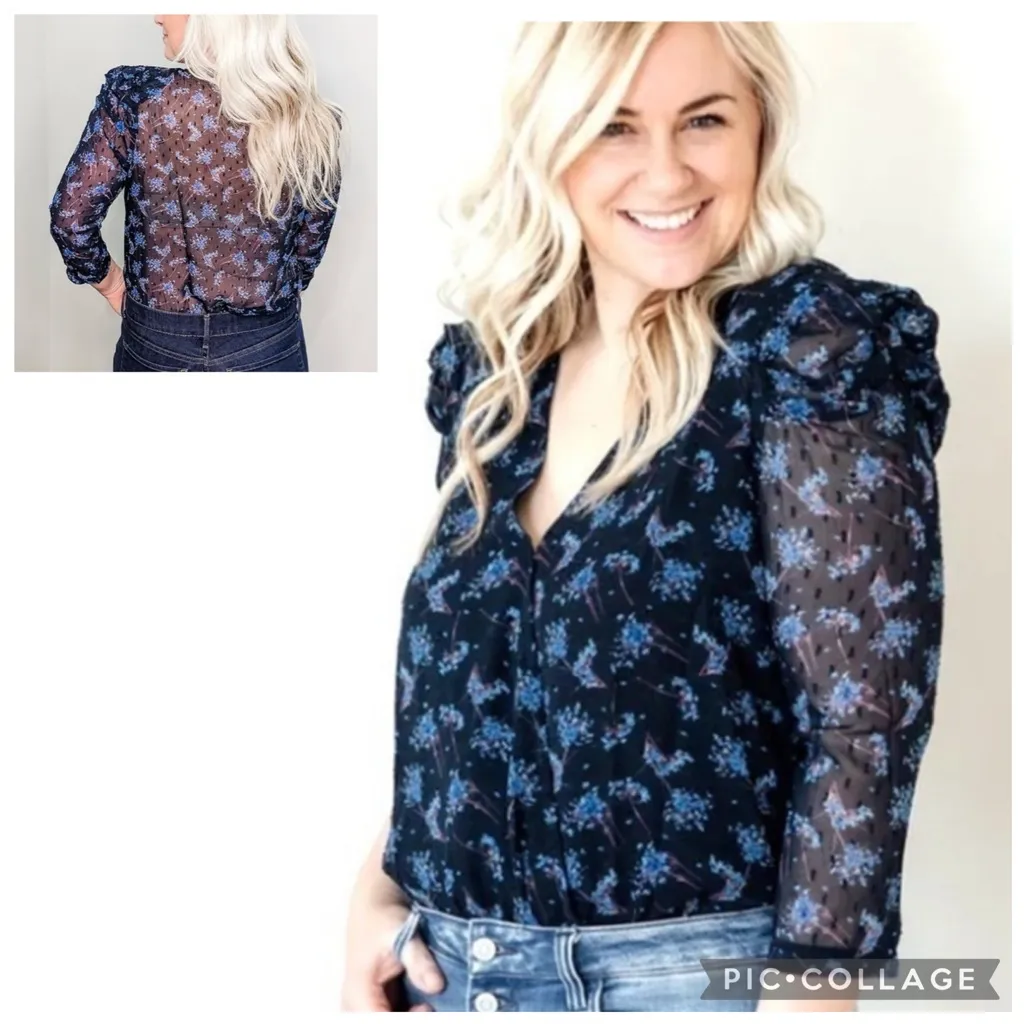 Lush Bodysuit Floral Swiss Dot Sheer Back Blue Puff Sleeve NWT M Party Cocktail - Image 2