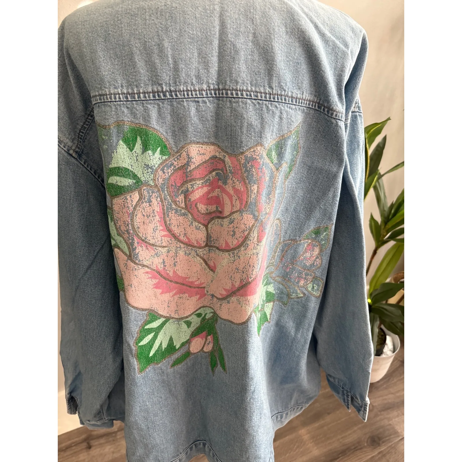 Vintage 80s Hunter Run Denim Jacket Rose Hand Painted Women 20W Made In USA Blue - Image 3