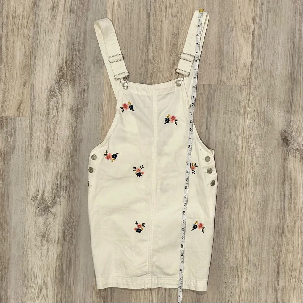 Forever 21 White Floral Denim Overalls Dress 100% Cotton Shortalls Skirt Size M - Image 3